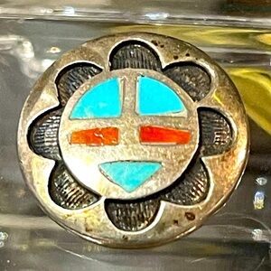 Native American Zuni Sterling Silver Inlaid Turquoise & Coral Disc Brooch